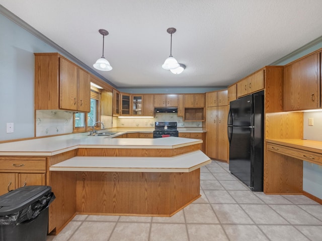 835 Winona Dr SW, Alexandria, MN 56308 - kitchen with black appliances, under cabinet range hood, a sink, a peninsula, and light countertops