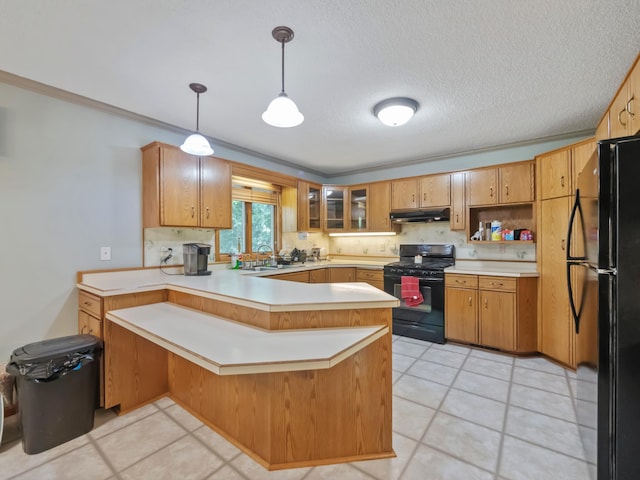 835 Winona Dr SW, Alexandria, MN 56308 - kitchen with black appliances, a peninsula, light countertops, glass insert cabinets, and under cabinet range hood