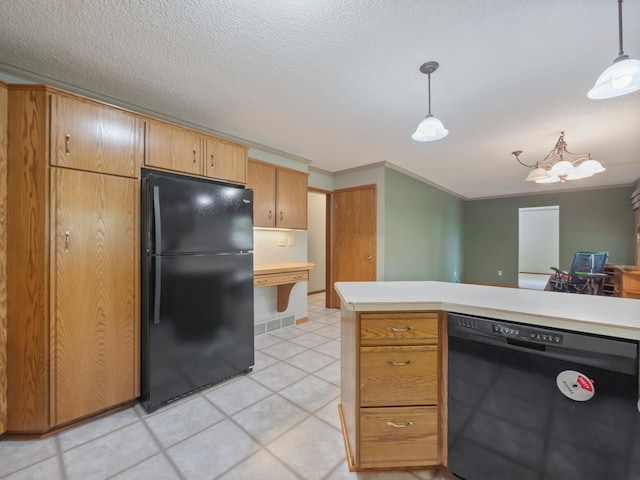 835 Winona Dr SW, Alexandria, MN 56308 - kitchen featuring black appliances, light countertops, hanging light fixtures, light tile patterned floors, and ornamental molding