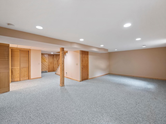 835 Winona Dr SW, Alexandria, MN 56308 - finished basement featuring baseboards, light carpet, a baseboard heating unit, recessed lighting, and stairs