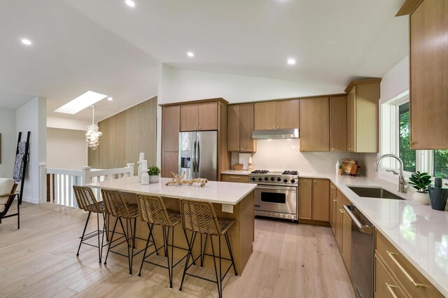 745 Virginia Shores Cir, Victoria, MN 55331 - kitchen featuring stainless steel appliances, a sink, vaulted ceiling, light wood-style flooring, and a breakfast bar