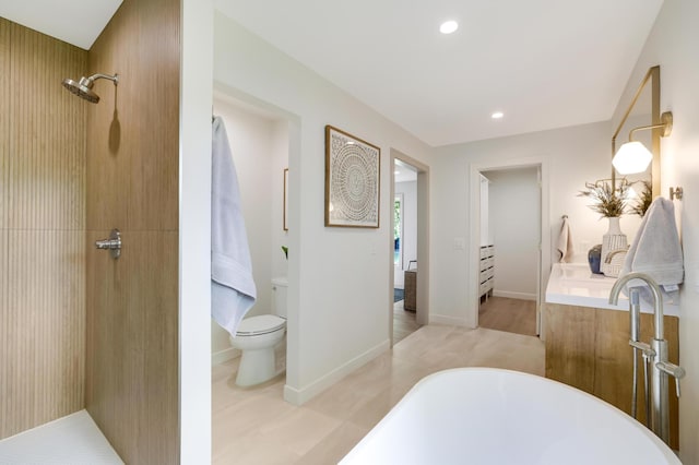 745 Virginia Shores Cir, Victoria, MN 55331 - bathroom with a freestanding tub, toilet, a tile shower, recessed lighting, and baseboards