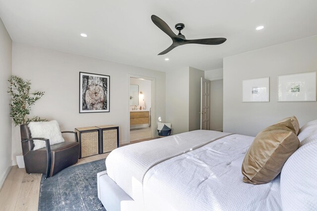 745 Virginia Shores Cir, Victoria, MN 55331 - bedroom featuring wood finished floors, recessed lighting, a ceiling fan, and ensuite bath