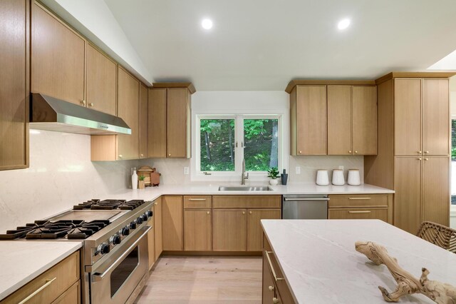 745 Virginia Shores Cir, Victoria, MN 55331 - kitchen with stainless steel appliances, under cabinet range hood, light wood-type flooring, light brown cabinets, and decorative backsplash