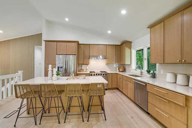 745 Virginia Shores Cir, Victoria, MN 55331 - kitchen featuring stainless steel appliances, a sink, a kitchen bar, under cabinet range hood, and light wood-style flooring