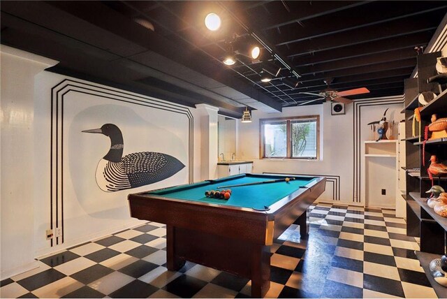 745 Virginia Shores Cir, Victoria, MN 55331 - game room with tile patterned floors, billiards table, ceiling fan, and rail lighting