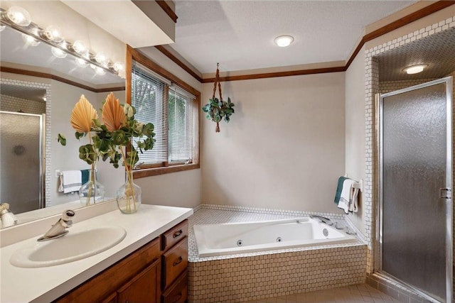 745 Virginia Shores Cir, Victoria, MN 55331 - full bathroom with a stall shower, ornamental molding, vanity, a whirlpool tub, and tile patterned floors