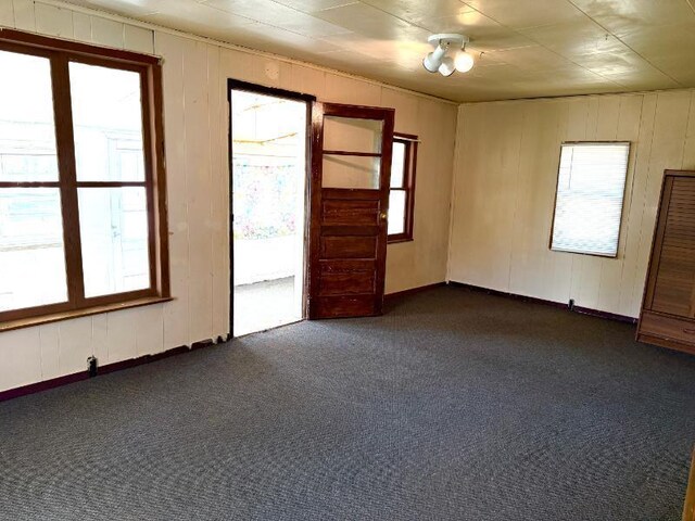 65 6th Ave S, Motley, MN 56466 - empty room featuring dark colored carpet, baseboards, and wooden walls