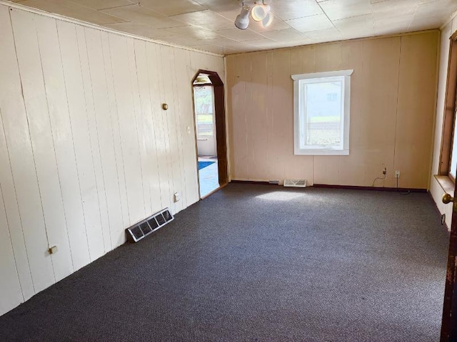 65 6th Ave S, Motley, MN 56466 - spare room with carpet flooring, ceiling fan, arched walkways, and wood walls