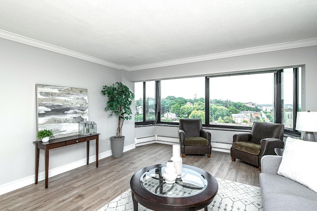 207 5th Ave SW Unit 901, Rochester, MN 55902 - living area with a baseboard heating unit, ornamental molding, wood finished floors, a textured ceiling, and baseboards