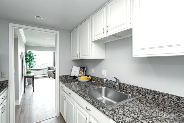 207 5th Ave SW Unit 901, Rochester, MN 55902 - kitchen with a sink, crown molding, white cabinetry, baseboard heating, and wood finished floors