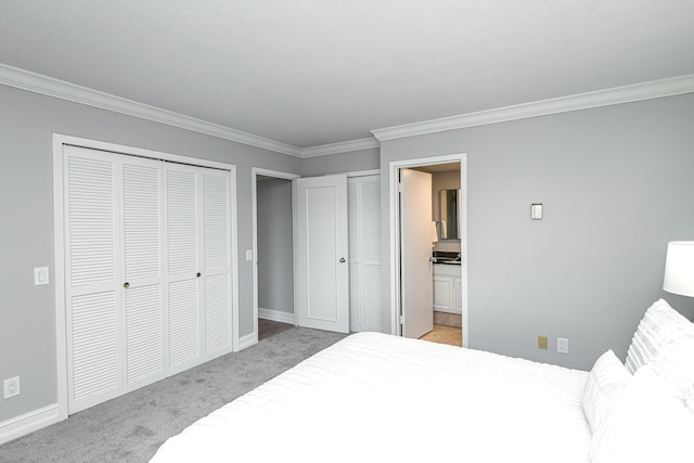 207 5th Ave SW Unit 901, Rochester, MN 55902 - bedroom with light colored carpet, ornamental molding, multiple closets, baseboards, and ensuite bathroom