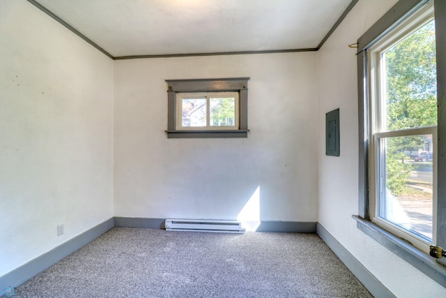 1010 University Dr N, Fargo, ND 58102 - spare room featuring baseboard heating, carpet, healthy amount of natural light, and ornamental molding