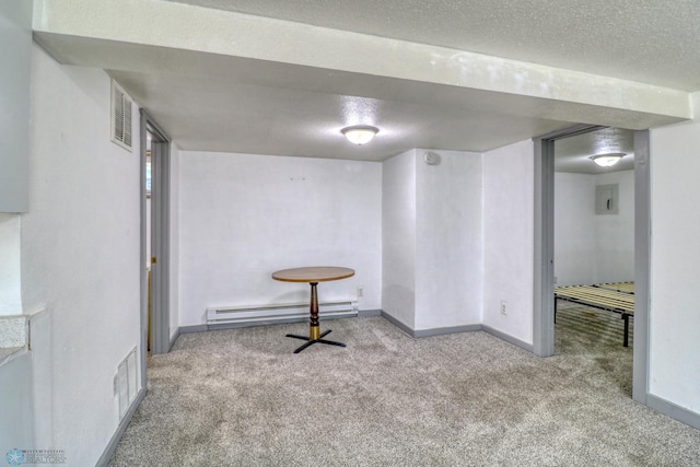 1010 University Dr N, Fargo, ND 58102 - finished below grade area with a baseboard heating unit, carpet floors, baseboards, and a textured ceiling