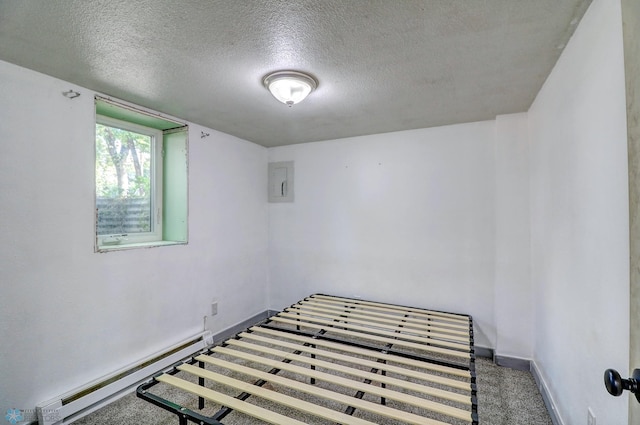 1010 University Dr N, Fargo, ND 58102 - unfurnished bedroom with a baseboard heating unit, a textured ceiling, baseboards, electric panel, and carpet flooring