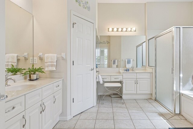 4555 Jewel Ln N, Plymouth, MN 55446 - bathroom featuring two vanities, a shower stall, and tile patterned flooring