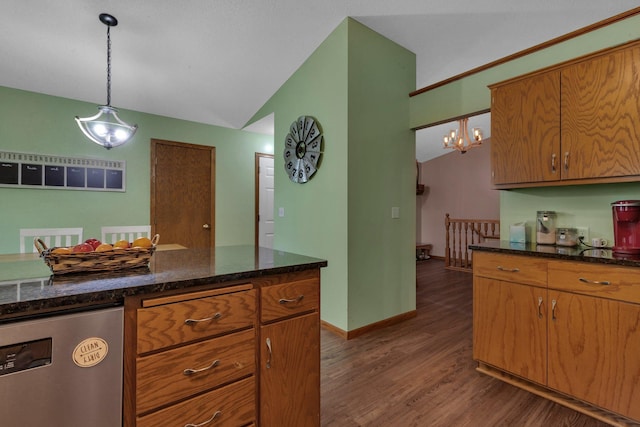 16474 63rd St SE, Becker, MN 55308 - kitchen featuring lofted ceiling, dark wood-style flooring, dishwasher, decorative light fixtures, and brown cabinetry