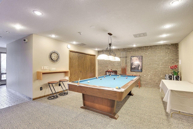 6085 Lincoln Dr Unit 123, Edina, MN 55436 - playroom featuring brick wall, a textured ceiling, billiards, baseboards, and recessed lighting