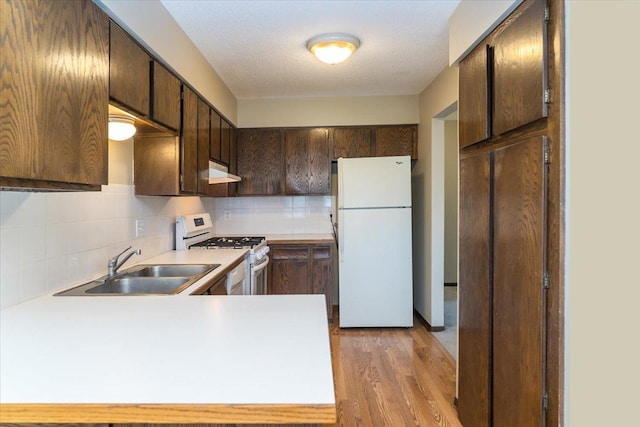 10382 Juniper Ln, Eden Prairie, MN 55347 - kitchen with white appliances, under cabinet range hood, decorative backsplash, light wood-type flooring, and dark brown cabinetry