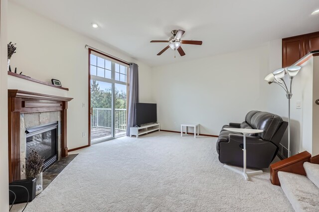 1595 Fox Hunt Way, Victoria, MN 55386 - living area with a ceiling fan, a fireplace, carpet floors, baseboards, and recessed lighting
