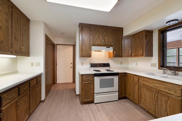 kitchen with electric stove, under cabinet range hood, light wood-style floors, a sink, and light countertops