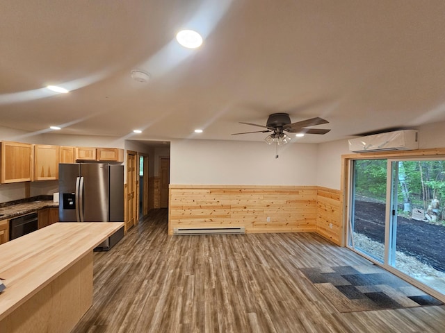 kitchen with stainless steel fridge with ice dispenser, a wall mounted air conditioner, butcher block counters, dark wood-style floors, and a wainscoted wall
