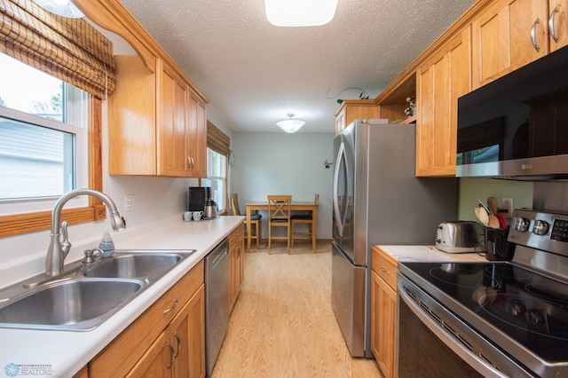 kitchen with appliances with stainless steel finishes, a sink, healthy amount of natural light, light wood finished floors, and a textured ceiling