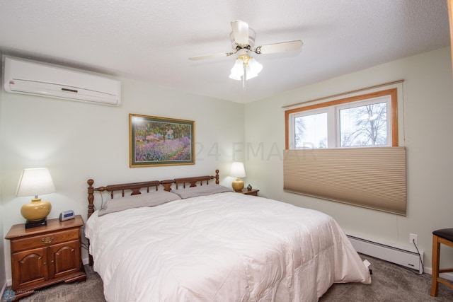 bedroom featuring baseboard heating, a wall mounted AC, carpet flooring, and a ceiling fan
