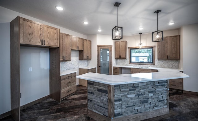 29194 Cynthia Path, Randolph, MN 55065 - kitchen with decorative backsplash, recessed lighting, dark wood-style floors, decorative light fixtures, and baseboards