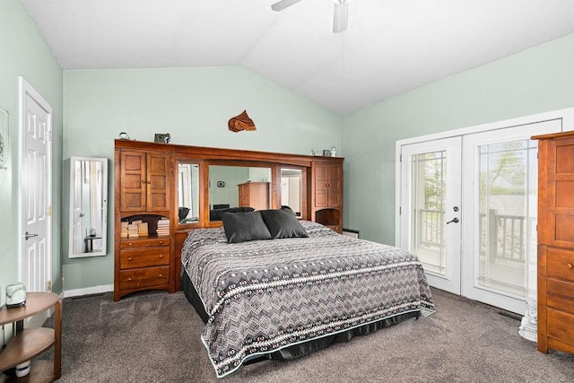 23324 Tioga Beach Rd, Cohasset, MN 55721 - carpeted bedroom with access to outside, lofted ceiling, french doors, and ceiling fan