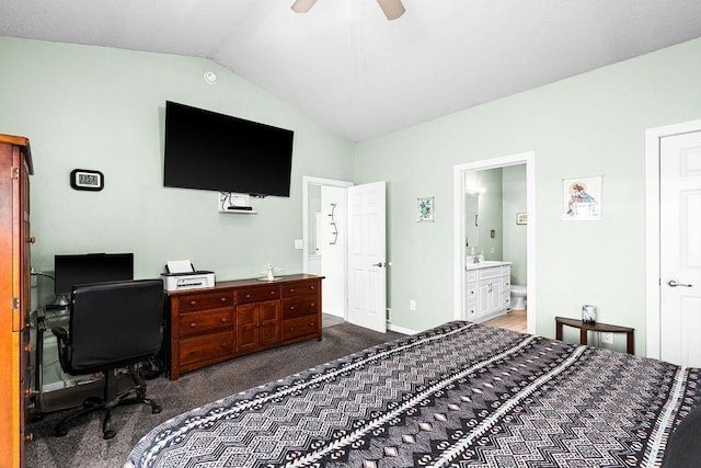 23324 Tioga Beach Rd, Cohasset, MN 55721 - bedroom featuring lofted ceiling, carpet floors, a desk, ensuite bath, and baseboards