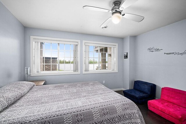 23324 Tioga Beach Rd, Cohasset, MN 55721 - bedroom with multiple windows, baseboards, and a ceiling fan