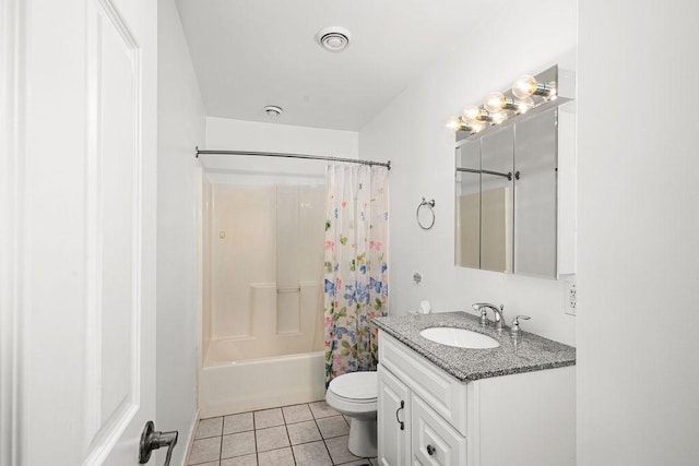 23324 Tioga Beach Rd, Cohasset, MN 55721 - bathroom featuring vanity, tile patterned floors, toilet, and shower / bathtub combination with curtain