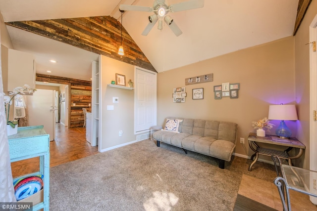 carpeted living room with ceiling fan, baseboards, and recessed lighting