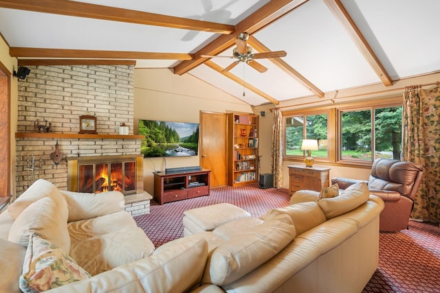 14 Overlook Rd, Dellwood, MN 55110 - carpeted living room with a ceiling fan and a fireplace