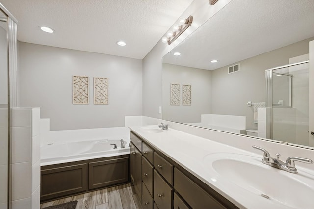 5101 201st St N, Forest Lake, MN 55025 - full bath featuring a bath, double vanity, a stall shower, a textured ceiling, and wood finished floors