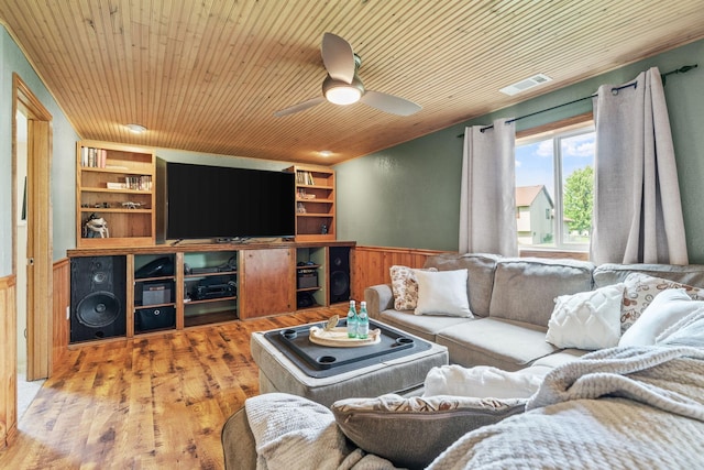 7734 Lancaster Ave NE, Otsego, MN 55301 - living room featuring wainscoting, wood walls, a ceiling fan, wood ceiling, and wood finished floors