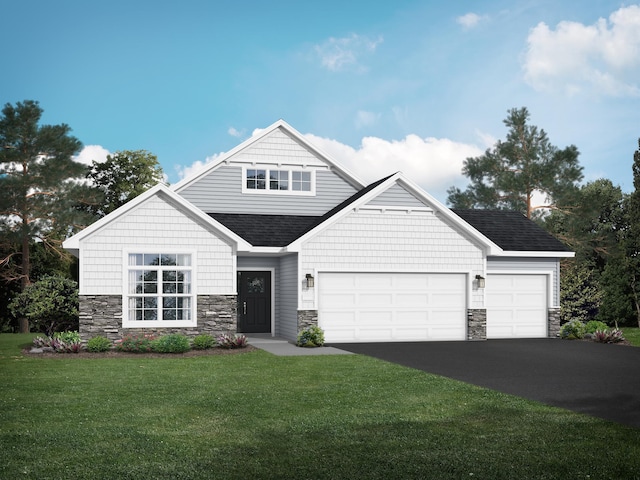 464 Whitewater Ct, Delano, MN 55328 - craftsman inspired home featuring stone siding, driveway, a garage, a front yard, and roof with shingles