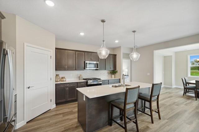 464 Whitewater Ct, Delano, MN 55328 - kitchen with appliances with stainless steel finishes, a sink, dark brown cabinets, light wood-style flooring, and decorative backsplash