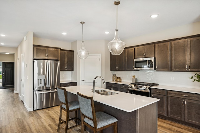464 Whitewater Ct, Delano, MN 55328 - kitchen featuring appliances with stainless steel finishes, a sink, dark brown cabinets, light wood-style flooring, and recessed lighting