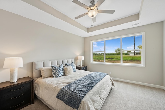 464 Whitewater Ct, Delano, MN 55328 - bedroom featuring baseboards, carpet flooring, a tray ceiling, and ceiling fan