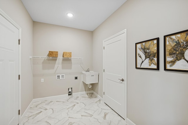 464 Whitewater Ct, Delano, MN 55328 - washroom featuring electric dryer hookup, light marble finish flooring, hookup for a washing machine, baseboards, and recessed lighting