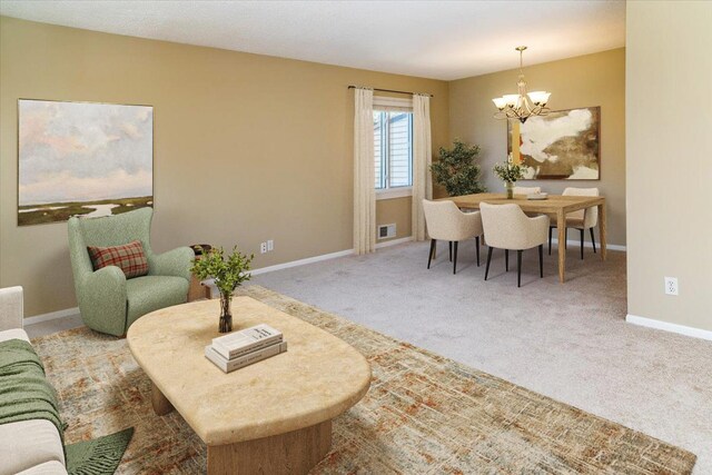 10326 Balsam Ln, Eden Prairie, MN 55347 - carpeted living area with a chandelier and baseboards