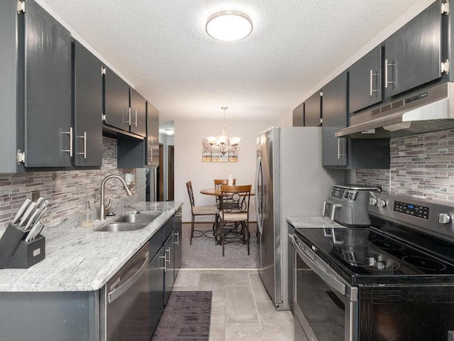 6540 84th Ct N, Brooklyn Park, MN 55445 - kitchen with appliances with stainless steel finishes, a sink, under cabinet range hood, tasteful backsplash, and a chandelier