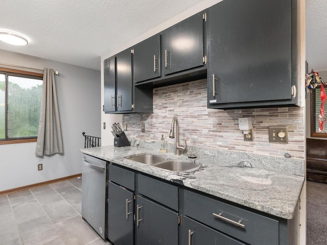 6540 84th Ct N, Brooklyn Park, MN 55445 - kitchen with a sink, stainless steel dishwasher, a textured ceiling, backsplash, and baseboards