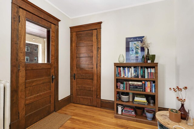 2227 Garfield Ave, Minneapolis, MN 55405 - foyer entrance with light wood finished floors, radiator, crown molding, and baseboards