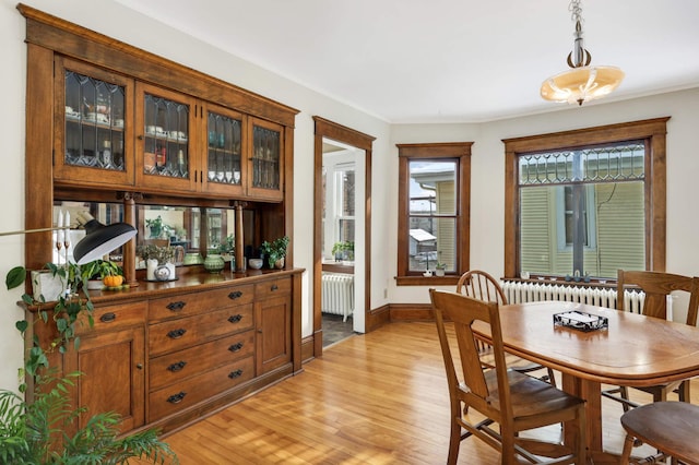 2227 Garfield Ave, Minneapolis, MN 55405 - dining room featuring radiator, light wood finished floors, baseboards, and crown molding