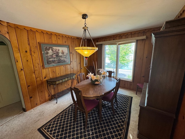 205 Lake Park Blvd, Fairmont, MN 56031 - dining area featuring light colored carpet, arched walkways, and wood walls