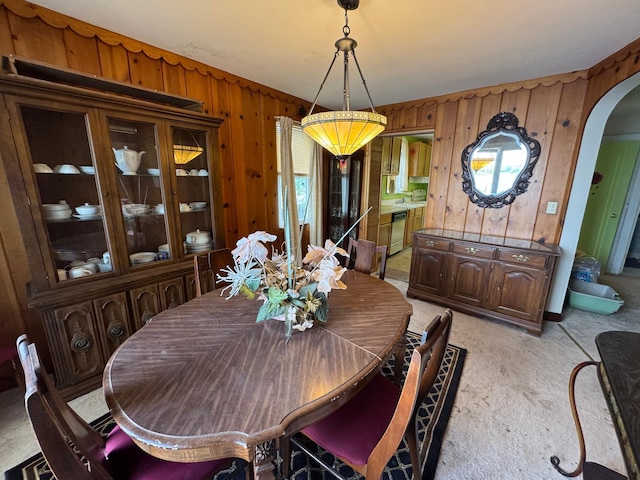 205 Lake Park Blvd, Fairmont, MN 56031 - dining area featuring arched walkways, light carpet, and wood walls