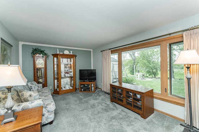 living area with plenty of natural light and carpet